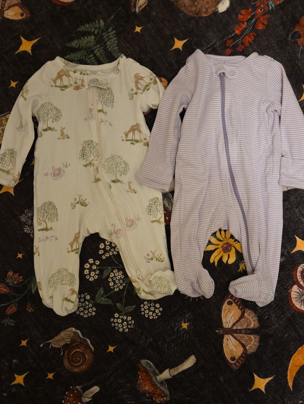 Unbranded Kids Footed Sleep Sacks - Cream Woodland Print & Light Lavender Stripe